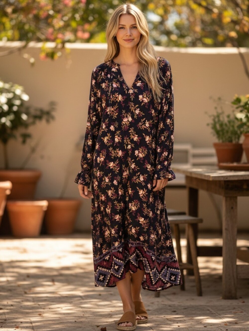 beachlunchlounge Black Tunic with Maroon and Mustard Floral Print XXL